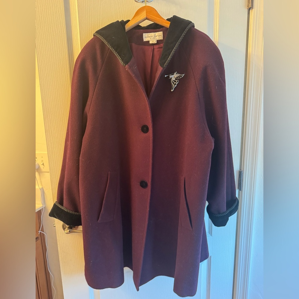 Albert Nupon Studio Plum Wool and Velvet Hooded Coat